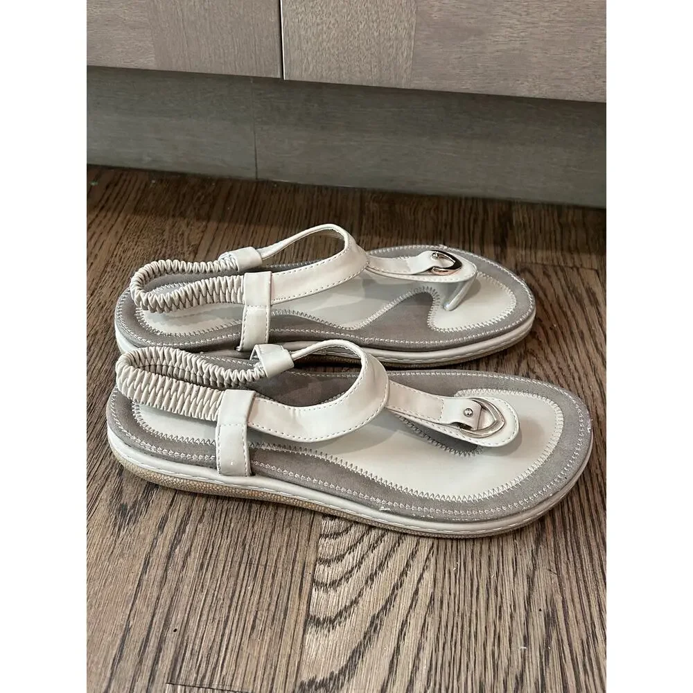 SOCOFY Bohemian T Strap Thong Sandals Beige Ankle Elastic Women Sz EU 40 US 9